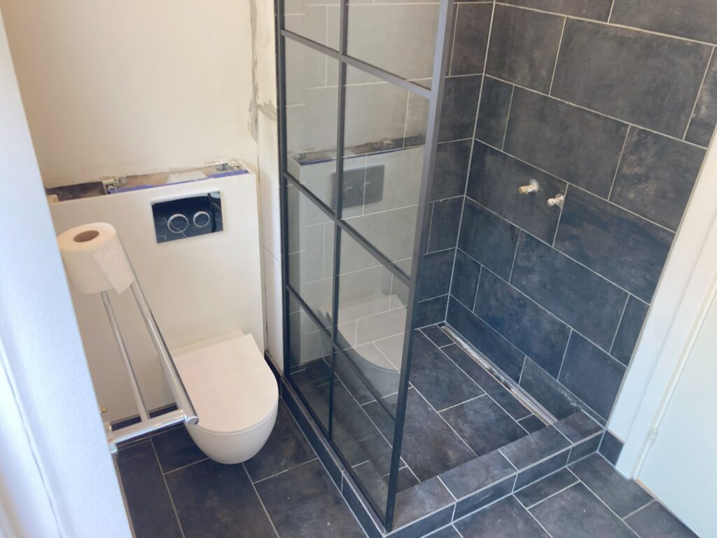 Moderne badeværelse med bruser og toilet